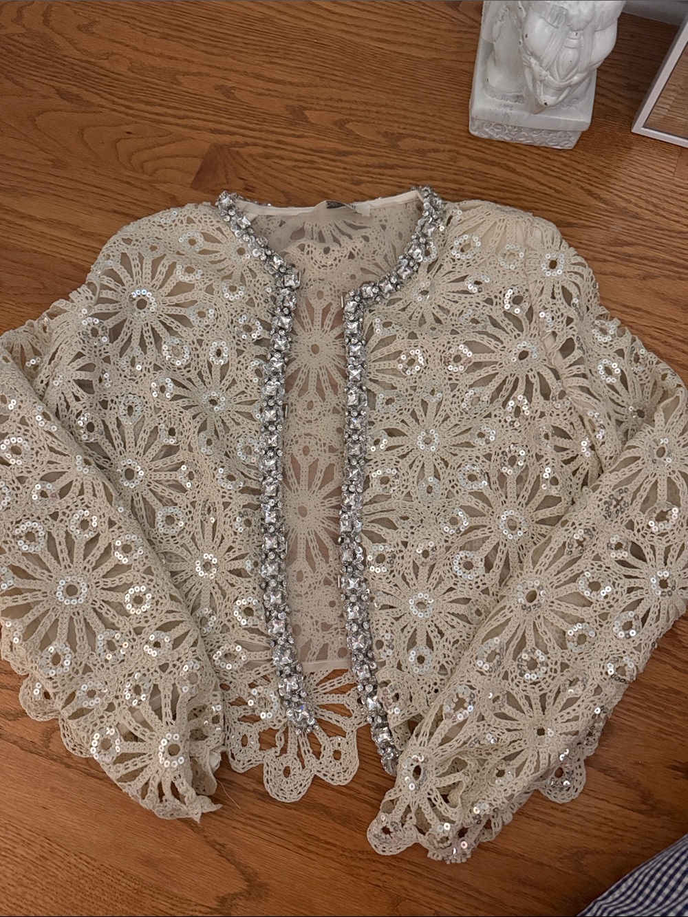 Benaar Ivana Rhinestone & Sequin Adorned Lace Cardigan - Champagne